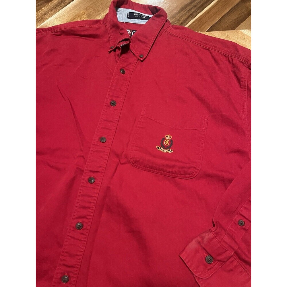 VTG Chaps Ralph Lauren Shirt Mens Large Red CRL Crest Logo Denim Button‎ Up 90s